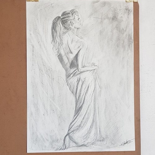 ORIGINAL Graphite Drawing, Wisdom, Greek Goddess Roman Style Female Figurative Drawing Home Living shops Bedroom Decor Unframed artwork, A3 Size