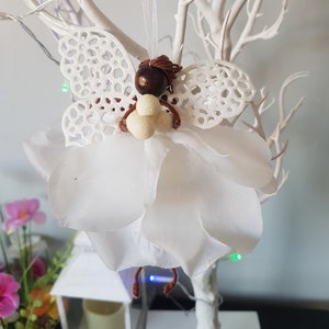 Handmade Fairy Doll, African American Princess, Multicultural Gift, Unique Ethnic White Rose Hanging Christmas Decoration, Winter Angel