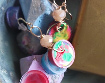 Rainbow - Polymer Clay Drop Earrings-Beaded- Eco Conscious Jewelry
