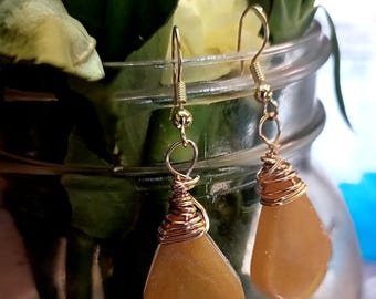 Toffee - Resin Teardrop Earring - Wire Wrapped - Wedding- Graduation