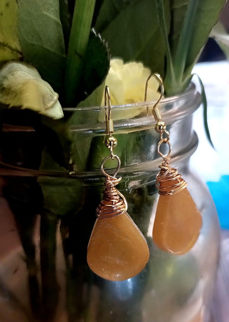 Toffee - Resin Teardrop Earring - Wire Wrapped - Wedding- Graduation image 1