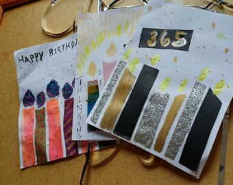 Mixed Media Birthday Cards, Handmade Craft Paper Envelopes (Set of 3)