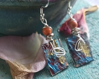 Upcycled Hand Painted Paper Earrings – Abstract Sterling Silver Wire Wrapped (2 inch)
