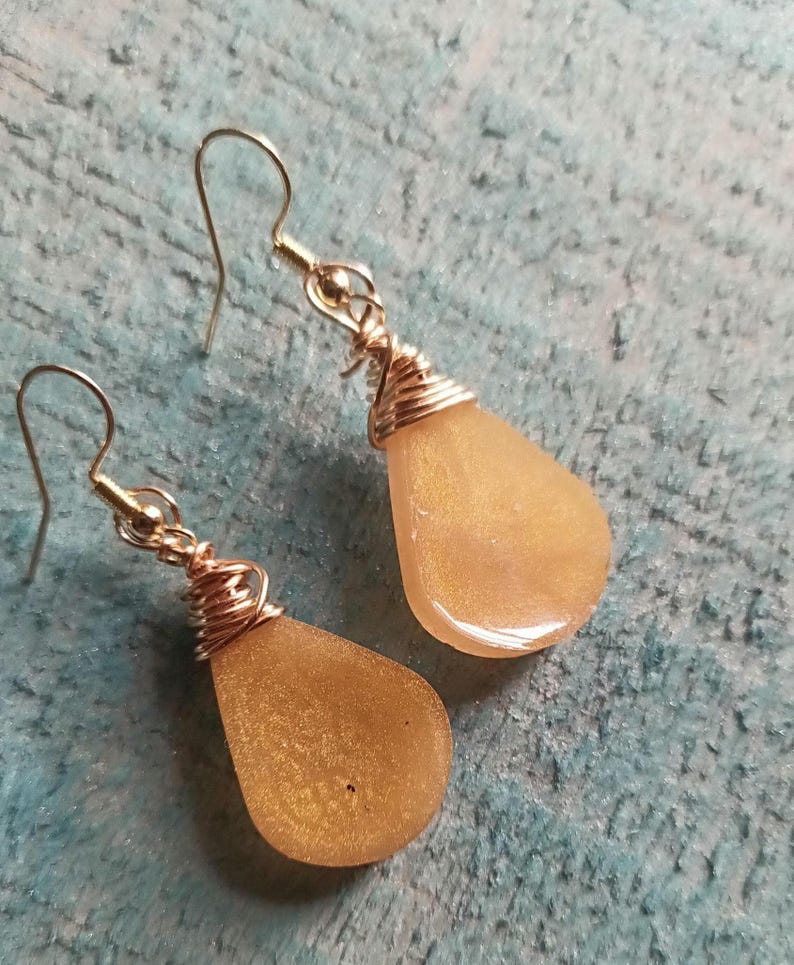 Toffee - Resin Teardrop Earring - Wire Wrapped - Wedding- Graduation image 3