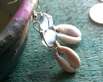 Mystic- Beaded Cowrie Shell Earrings - Wire Wrapped.
