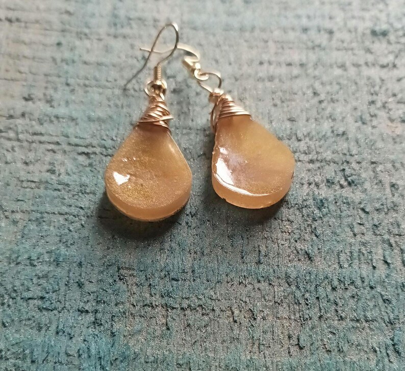 Toffee - Resin Teardrop Earring - Wire Wrapped - Wedding- Graduation image 9