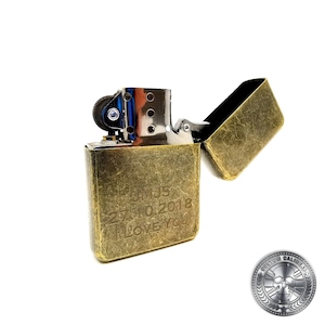 Engraved Lighter, Personalised Lighter with gift box with Antique effect BRASS makes an Ideal Groomsman or Birthday gift.