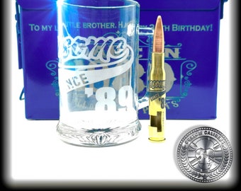 Personalised Ammo Box Beer Gift Set, Engraved Tankard & .50 Cal Bottle Opener.