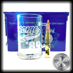 Man Gift Beer drinking Set, Military Gift, Personalised Ammo Box Gift Set, Engraved Glass Tankard, Personalized Real 50 cal and Ammo Box