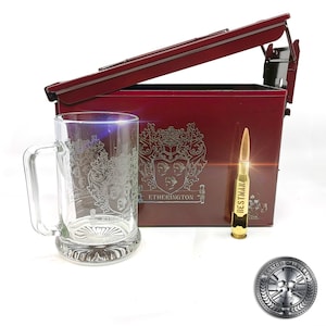 Man Gift Beer drinking Set, Military Gift, Personalised Ammo Box Gift Set, Engraved Glass Tankard, Personalized Real 50 cal and Ammo Box