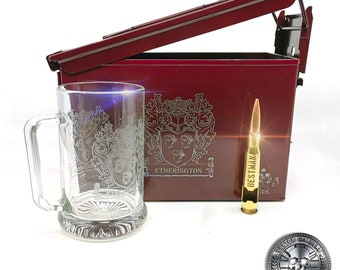 Man Gift Beer drinking Set, Military Gift, Personalised Ammo Box Gift Set, Engraved Glass Tankard, Personalized Real 50 cal and Ammo Box