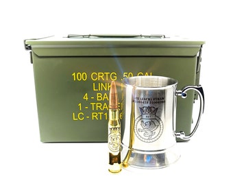 Personalised Ammo Box Beer Gift Set, Engraved Tankard & .50 Cal Opener