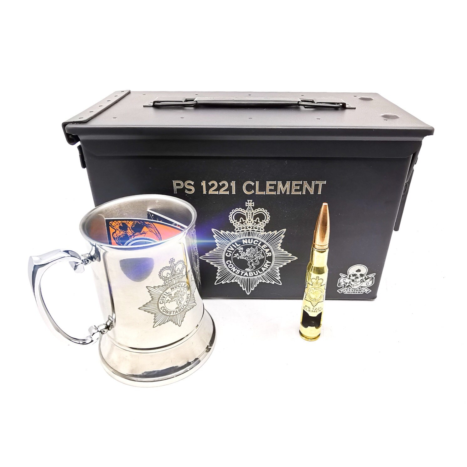 Man Gift Beer drinking Set, Military Gift, Personalised Ammo Box Gift Set, Engraved steel Tankard, Personalised Real 50 cal and Ammo Box