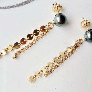 Tahitian pearl earrings, disc chain Tahitian pearl earrings, gold filled sterling silver drop dangle earrings, mermaid Beach jewelry