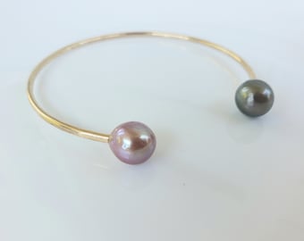 Brazalete de perla Edison y Tahití en color de contraste, brazalete de perla rosa y pistacho, brazalete de plata esterlina de oro rosa relleno de oro hecho a mano