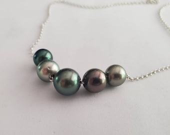 Floating Tahitian pearl necklace, peacock Tahitian pearl necklace, 5 pearl graduated necklace, gold filled chain sterling silver rose, beach