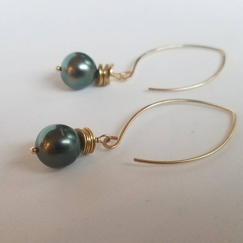 Tahitian pearl earrings, peacock Tahitian pearl marquis earrings, drop Tahitian pearl earrings 14k gold filled shops marquise cornflake earrings
