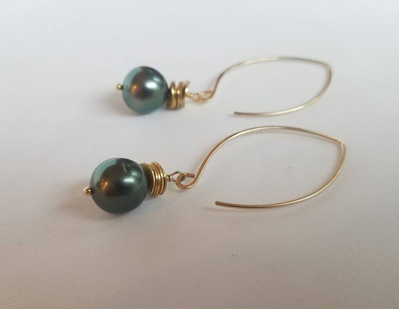 Tahitian pearl earrings, peacock Tahitian pearl marquis earrings, drop Tahitian pearl earrings 14k gold filled shops marquise cornflake earrings
