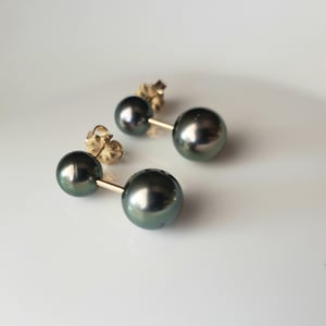 Double Tahitian pearl earrings, peacock Tahitian pearls, Tahitian pearl drop earrings, Tahitian pearls 14k gold filled 8mm 10mm pearls
