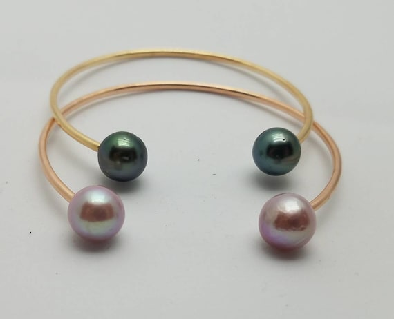 Tahitian Pearl Cuff Bracelet Gold filled Rose Gold Sterling Silver Handmade Hammered Bangle