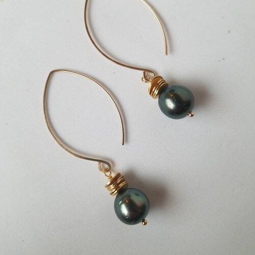 Tahitian pearl earrings, peacock Tahitian pearl marquis earrings, drop Tahitian pearl earrings 14k gold filled shops marquise cornflake earrings