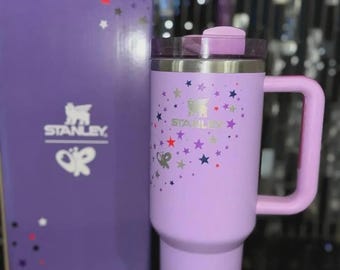 Vaso térmico de 40 oz con diseño de estrella morada, asa, pajita y caja - Nuevo