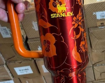 Vaso térmico de viaje de 1,2 litros (40 oz) con diseño floral, asa y pajita – Vaso de acero inoxidable de doble pared con aislamiento al vacío.