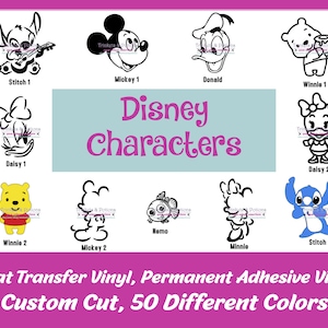 May include: A collection of 10 Disney character designs for heat transfer vinyl. The designs include Stitch, Mickey Mouse, Donald Duck, Winnie the Pooh, Daisy Duck, Nemo, and Minnie Mouse. The designs are available in 50 different colors.