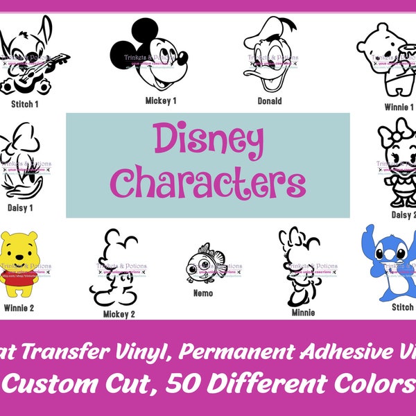 Disney Characters - Custom Cut - Adhesive/Iron on Vinyl - Different color / different sizes available -Micky mouse/Donald duck/Winnie/Stitch