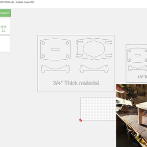May include: A computer screen displays a design for a wooden step stool, with cut-out patterns for 3/4" and 1/2" thick materials. A finished stool is shown on a workbench. The software interface includes design tools and file options.