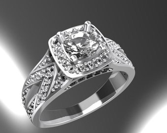 May include: A silver engagement ring with a large, round, clear center stone surrounded by smaller stones. The band is also set with smaller stones and has a unique, twisted design.