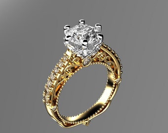 May include: A gold engagement ring with a large, clear, round diamond set in a delicate, ornate setting. The band is adorned with smaller diamonds.
