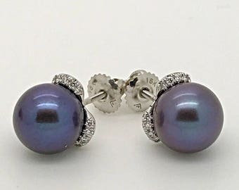 Platinum Natural Black Blue South Sea Pearls Diamond Studs Earrings