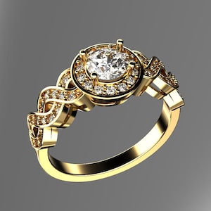 May include: A gold ring with a large, round, clear diamond center stone surrounded by smaller diamonds. The band is intricately designed with a braided pattern.