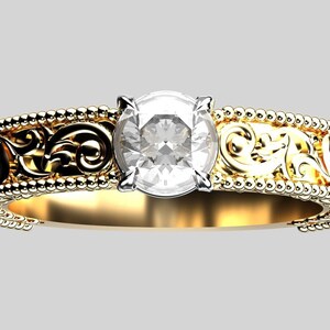 May include: A gold engagement ring with a large, clear, round-cut diamond. The band features intricate filigree and beaded detailing. The ring's design is ornate and elegant, showcasing a classic style.