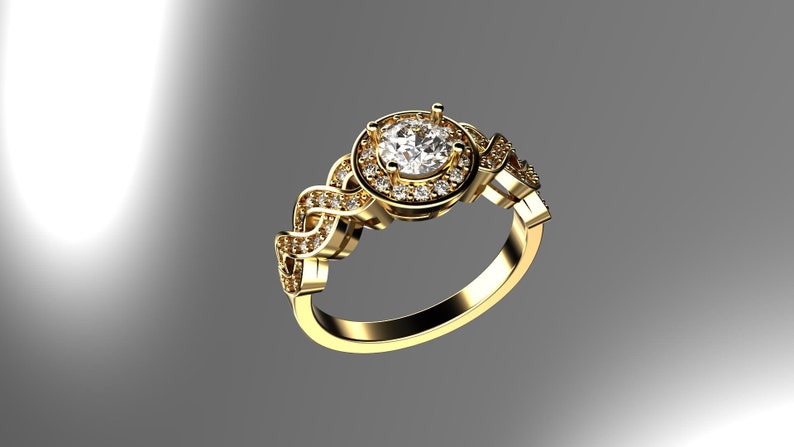 May include: A gold ring with a large, round, clear diamond center stone surrounded by smaller diamonds. The band is intricately designed with a braided pattern.