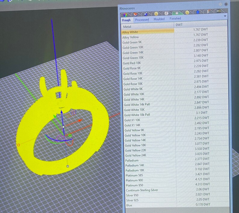 May include: A computer screen displays a 3D model of a ring in bright yellow. The ring design is visible, along with a list of metal types and their weights in DWT, including Alloy White, Gold, Palladium, and Platinum.