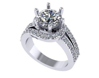 May include: A silver engagement ring with a large round diamond center stone surrounded by smaller diamonds. The ring has a double band with a twisted design.