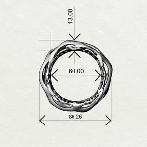 May include: A silver ring with a unique, intricate design. The ring is 13.00 inches tall, 86.26 inches wide, and has an inner diameter of 60.00 inches.