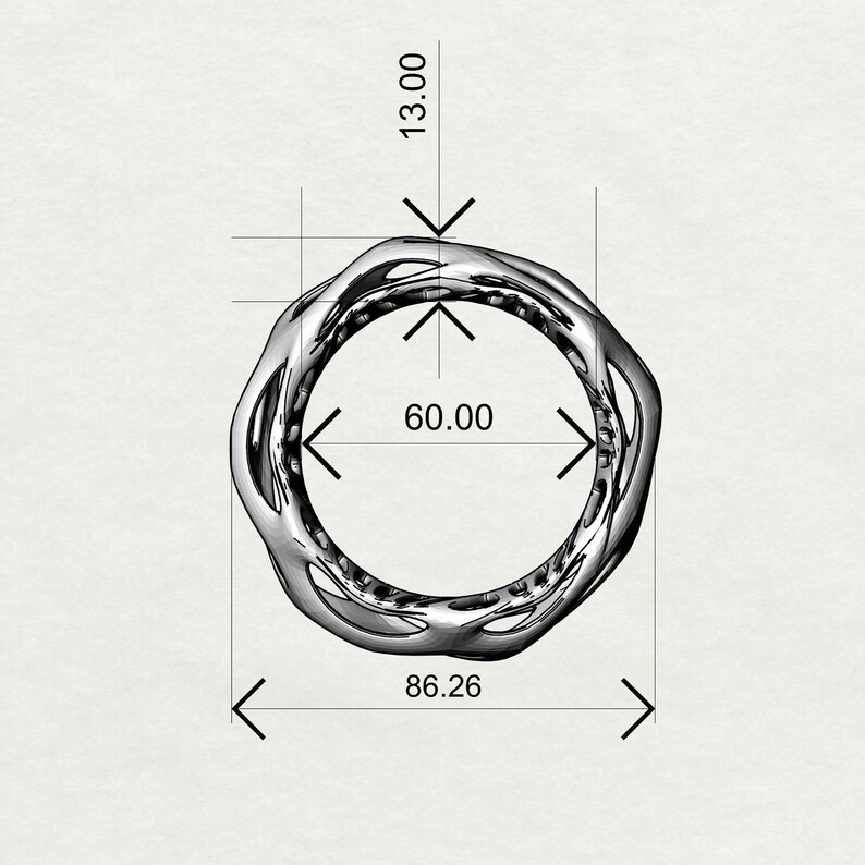 May include: A silver ring with a unique, intricate design. The ring is 13.00 inches tall, 86.26 inches wide, and has an inner diameter of 60.00 inches.