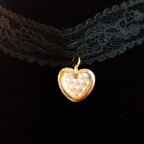 Valentines gift Gold tone Heart silver metal swirl heart charm black lace choker dainty free shipping spring love with extension gothic