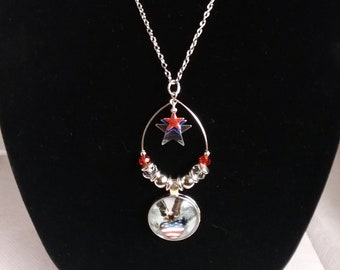 Bald Eagle heart patriotic flag cabochon necklace red silver blue stars beads spacers jewelry independence day gifts for her free shipping