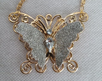 Gold silver glitter winged butterfly necklace gold tone crystal rhinestone statement teardrop insect mothers day gifts for her free shipping