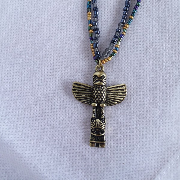 Antique gold eagle totem pole pendant necklace southwestern blue gold green seed beads multi strand free shipping gift for her gifts for him