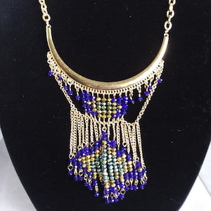 Blue gold green glass beads gold tone chain necklace bib style statement unique gifts for her free shipping southwestern rondelle wedding