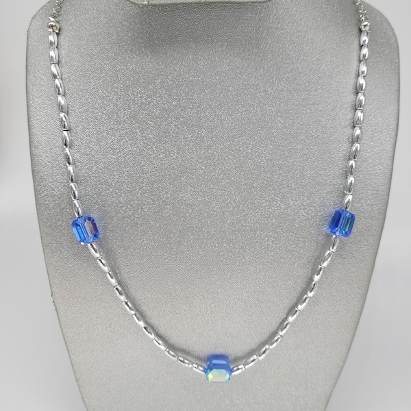 Blue AB barrel crystal beaded necklace silver chain oval beads free shipping gift for women spring fashion jewelry summer fun light weight