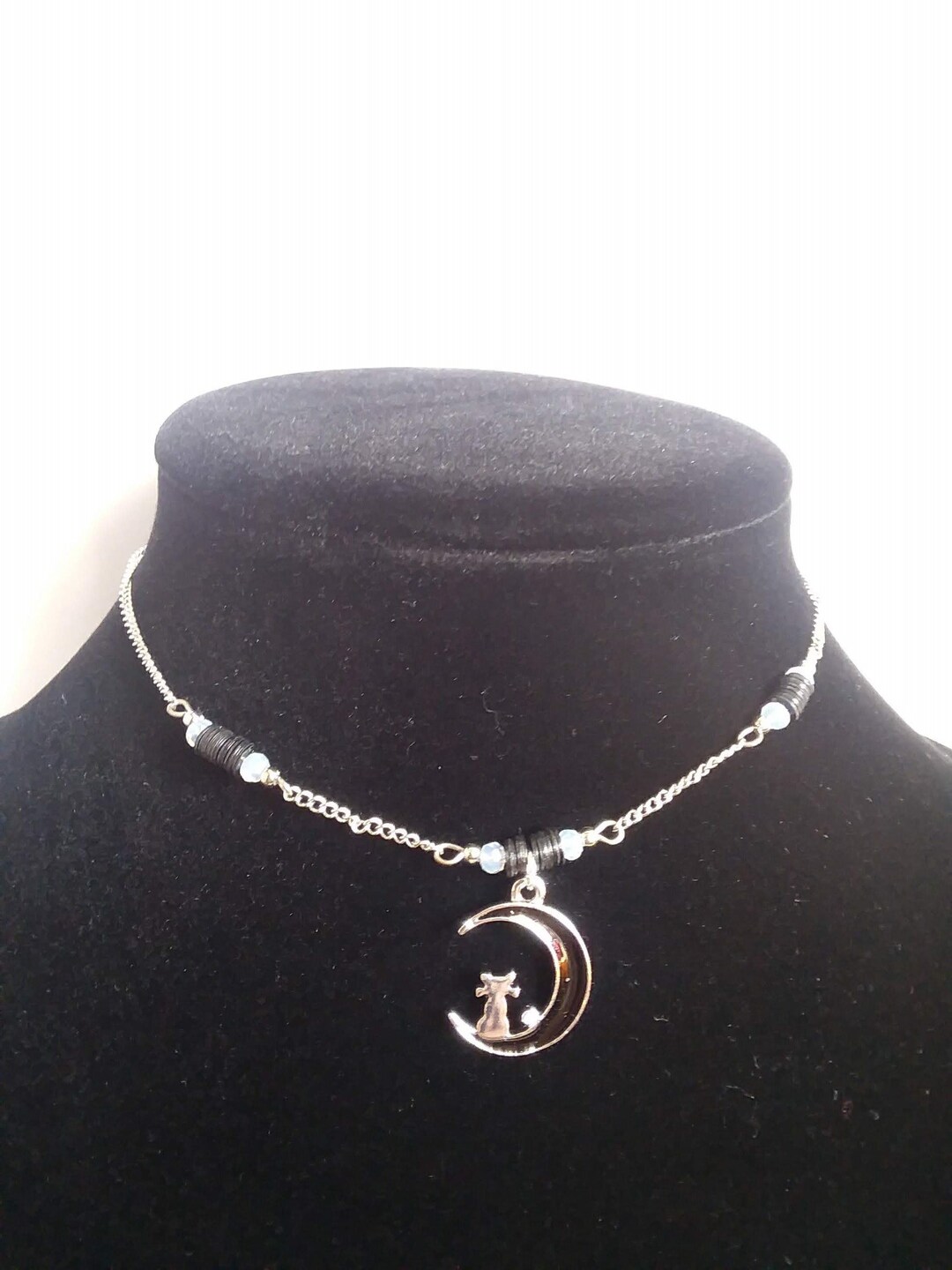 Black Crescent Moon Silver Cat Pendant Choker Necklace Glass Moonstone ...