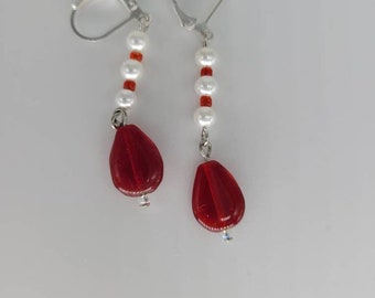 Red ruby glass beads white pearl red seed beads dangle drop lever back earrings free shipping hypoallergenic casual fashion Victorian style