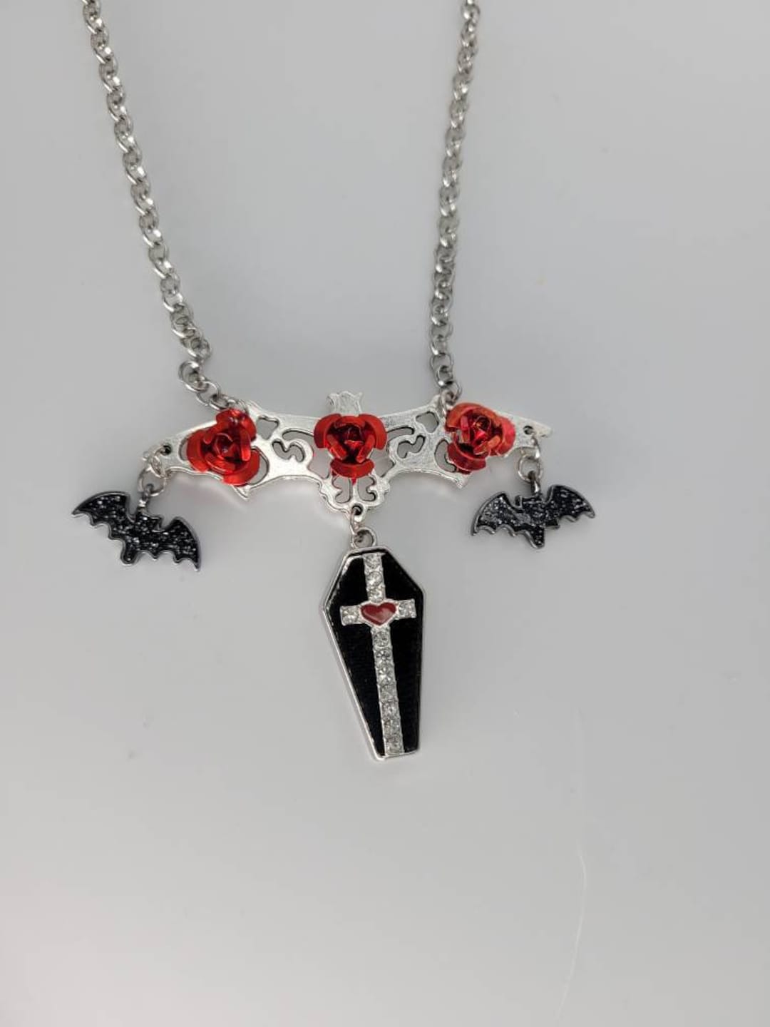Vampire Coffin Silver Bat Metal Rose Necklace Halloween Gothic Style ...