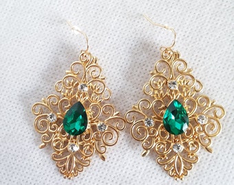 Green Emerald earrings rhinestone glass crystal gold tone swirl hook hypoallergenic Victorian style free shipping mothers day spring Easter